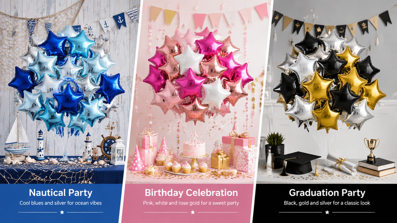 Custom star foil balloons in blue pink and graduation party themes for event decoration