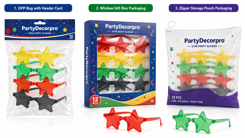 Custom Packaging Options for Star-Shaped Party Glasses Including OPP Bags, Window Gift Boxes and Zipper Pouches