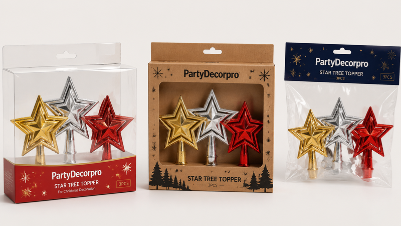 Custom packaging solutions for metallic star Christmas tree topper decorations with display boxes and bags
