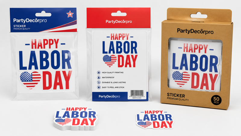 Custom Happy Labor Day sticker packaging solutions with clear bags, card packaging, and kraft display boxes