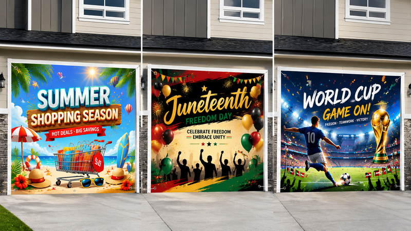 Custom fabric garage door banners featuring Summer Shopping Season, Juneteenth, and World Cup themes with vibrant HD printed designs.