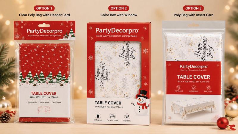 Custom table cover packaging options with poly bags, window boxes and insert card solutions