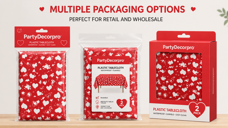 Custom packaging solutions for waterproof plastic party tablecloths with clear bags and display boxes