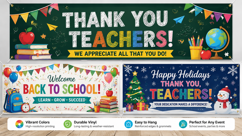 Three custom educational event backdrop banner designs featuring teacher appreciation, back to school, and seasonal school celebration themes with colorful graphics, durable vinyl material, reinforced edges, and grommets