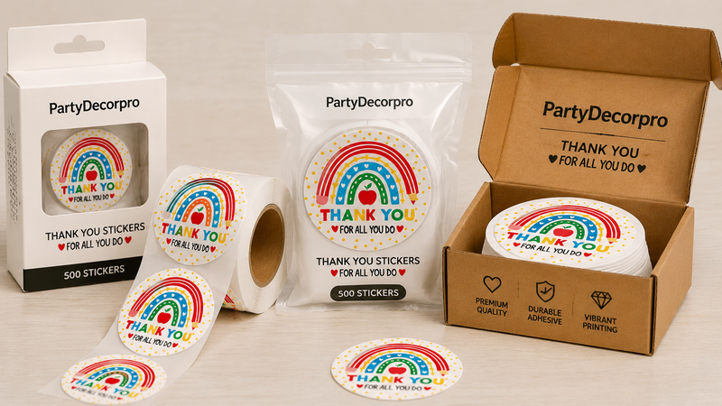 Custom thank you sticker packaging solutions with boxes, rolls, and pouches for wholesale buyers
