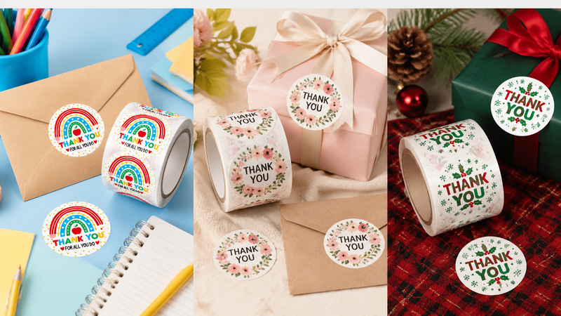 Custom colorful thank you stickers with rainbow design for gift packaging and appreciation events