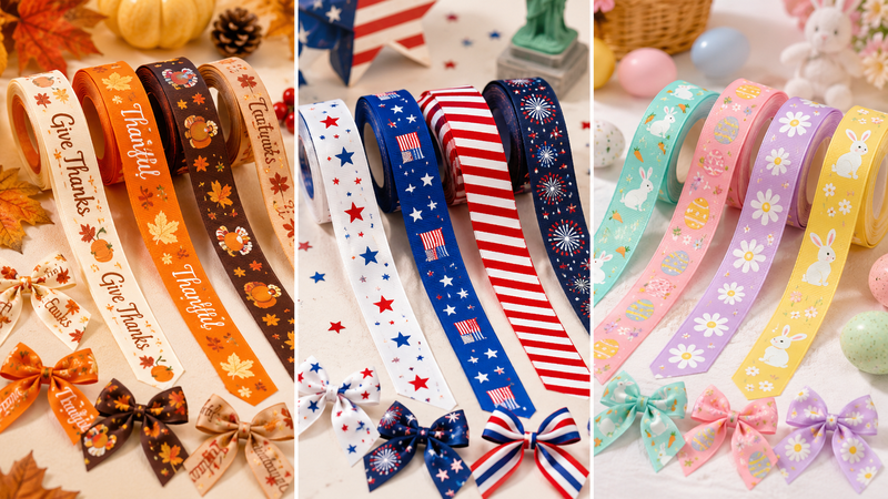 Custom grosgrain ribbon collection featuring Thanksgiving, Independence Day, and Easter themed designs with printed patterns and decorative bow applications