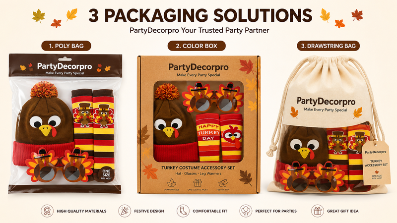 Custom packaging solutions for Thanksgiving party accessory sets featuring poly bag, window color box, and drawstring bag packaging options for retail and wholesale applications