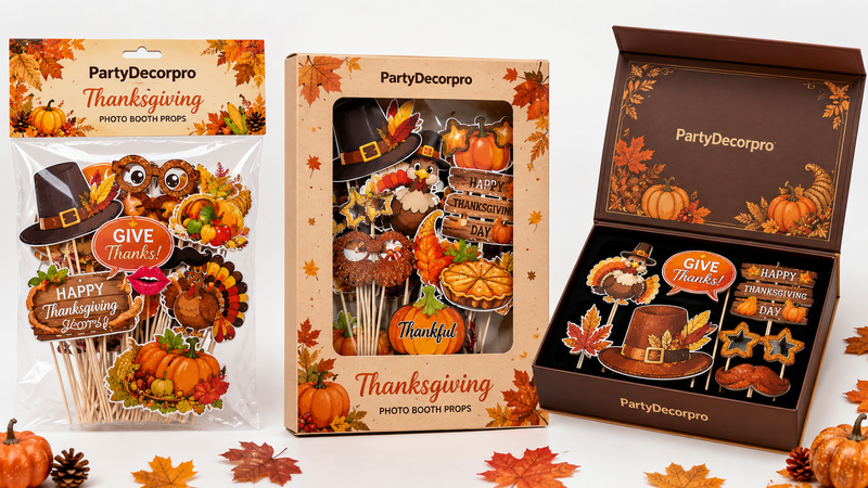 Thanksgiving photo booth props packaging solutions including header card OPP bag, window gift box, and premium magnetic gift box for wholesale party supplies