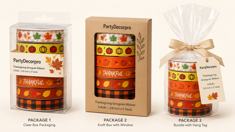 Custom Packaging Options for Thanksgiving Grosgrain Ribbon Sets Including Clear Box Kraft Window Box and Gift Bag