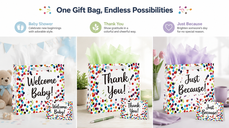 Custom Printed Paper Gift Bag Collection with Confetti Design, Matching Gift Cards, Baby Shower, Thank You and Everyday Gift Themes