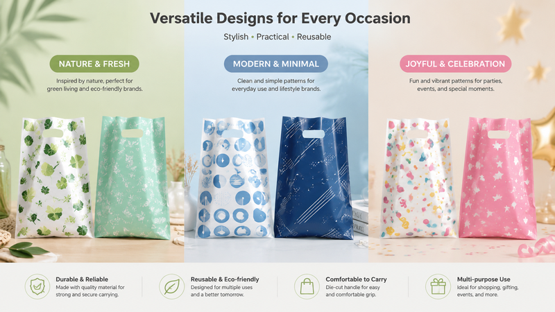 Custom Printed Plastic Gift Bags in Nature, Minimalist and Celebration Themes with Die-Cut Handles for Retail and Gift Packaging
