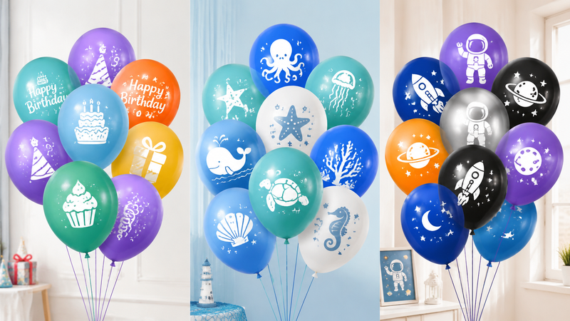 Custom printed latex balloons with colorful birthday, ocean, and space theme designs for party decoration