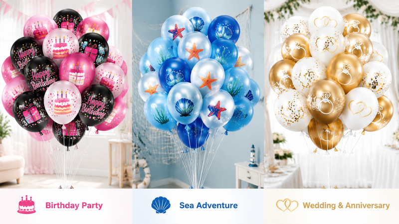 Custom printed latex balloon theme arrangements for birthday, wedding and party decorations