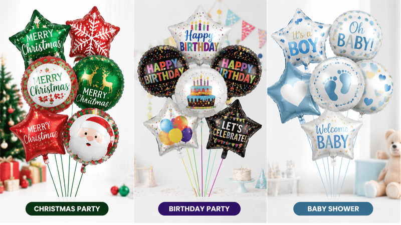 Custom foil balloon bouquets in multiple holiday and party themes for wholesale celebrations