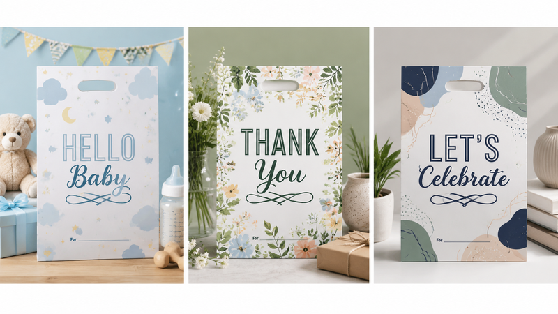 16:9 presentation of three custom gift bag designs featuring baby shower, floral thank you, and modern celebration themes with die-cut handles and high-quality printed graphics for party and gift packaging.