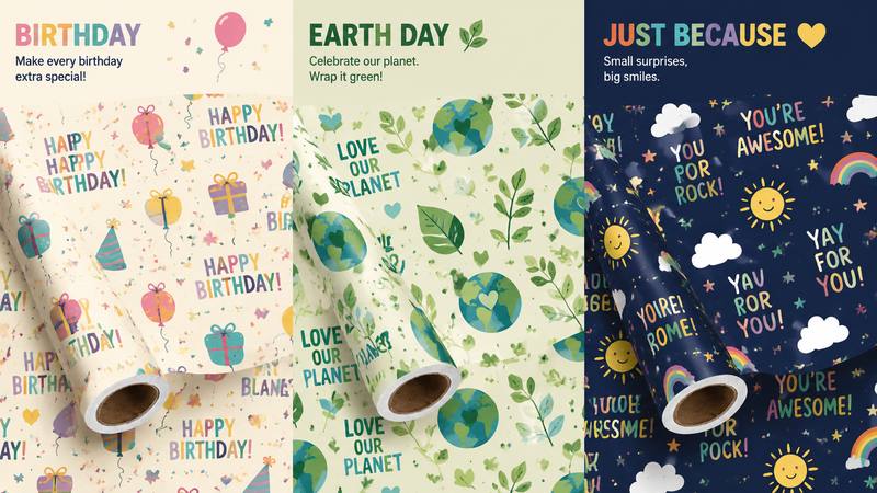 Three themed wrapping paper designs featuring birthday, earth day and inspirational celebratory patterns in a clean 16:9 layout for B2B customization