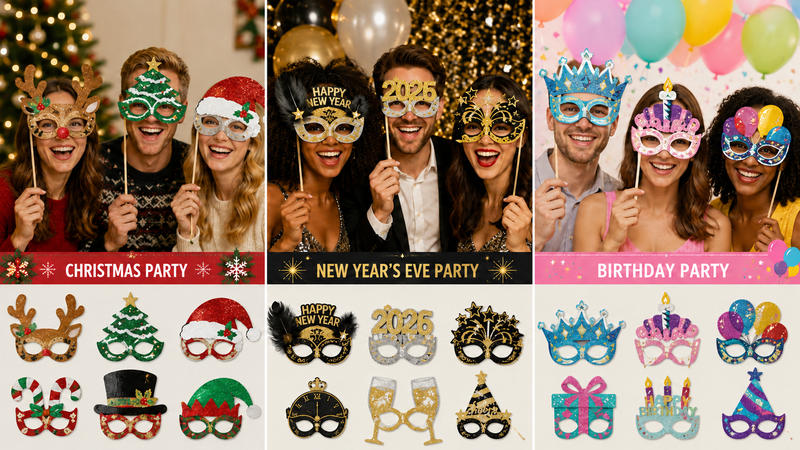 Custom Glitter Handheld Masks in Christmas, New Year and Birthday Party Themes for Photo Booth Events