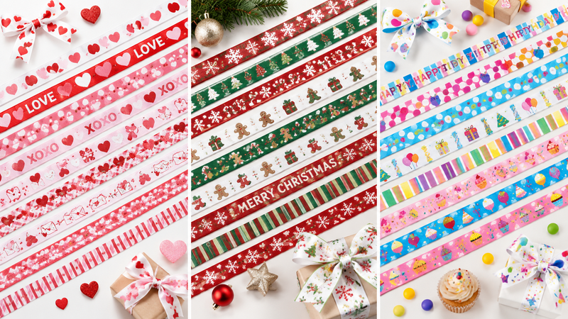 Custom grosgrain ribbon collection featuring Valentine’s Day, Christmas, and birthday party themed ribbon designs for decorations and gift wrapping