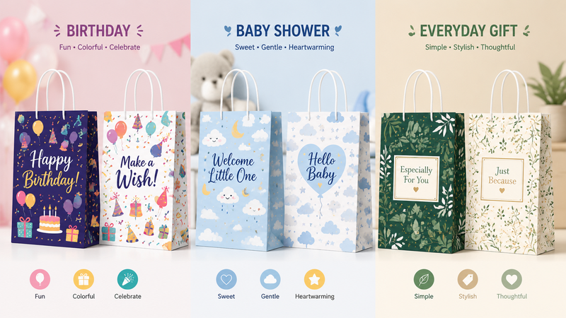 Custom Paper Gift Bags with Birthday, Baby Shower and Everyday Gift Themes, Twisted Handles, Full Color Printed Party Favor Bags