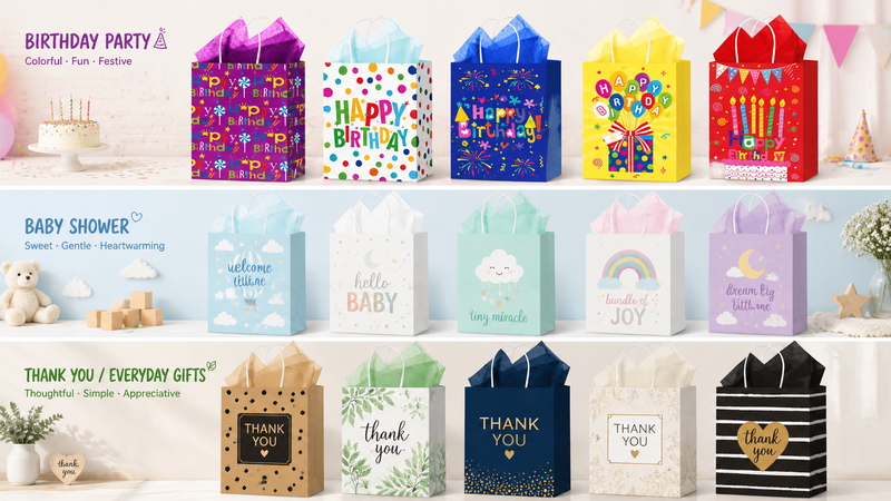 16:9 custom themed paper gift bag collection featuring birthday, baby shower, and everyday gift designs with twisted handles and colorful printed packaging for party supplies