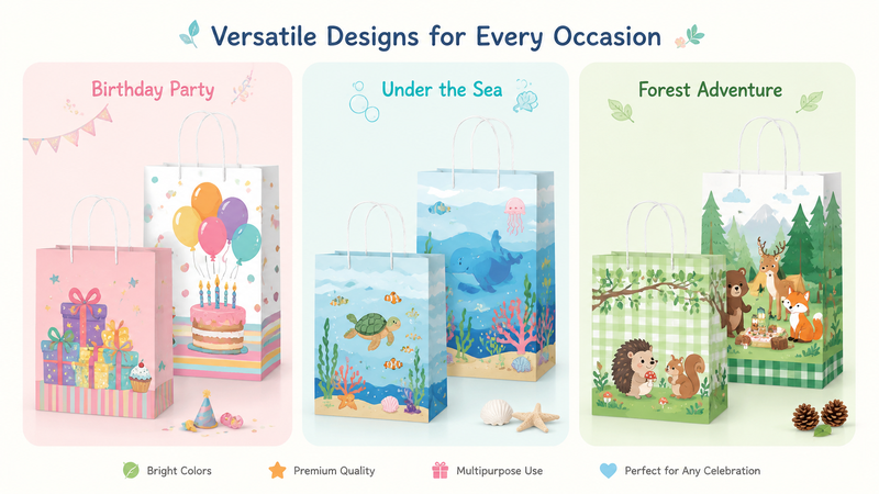 16:9 display of custom themed paper gift bags featuring Birthday Party, Under the Sea, and Forest Adventure designs with durable handles and vibrant full-color printing