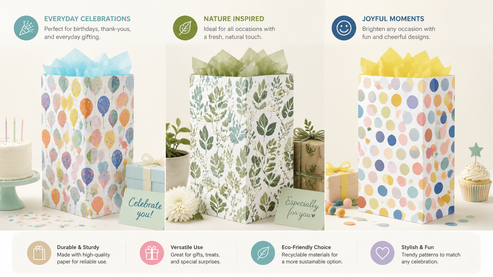 16:9 showcase of three custom paper gift bag themes including colorful balloon pattern, botanical leaf design, and pastel polka dot style for gifting and party packaging