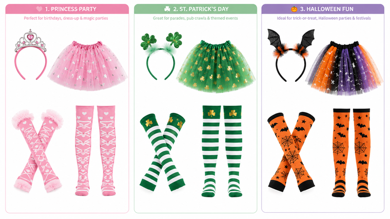 Themed Party Accessory Sets with Headbands Tutu Skirts and Striped Legwear for Holiday Events and Costume Parties