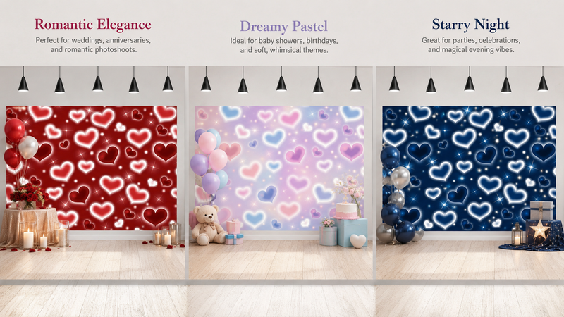 Three customizable themed backdrop designs featuring romantic red hearts, pastel baby shower hearts, and elegant starry blue heart patterns for weddings, birthdays, baby showers, and event party decorations
