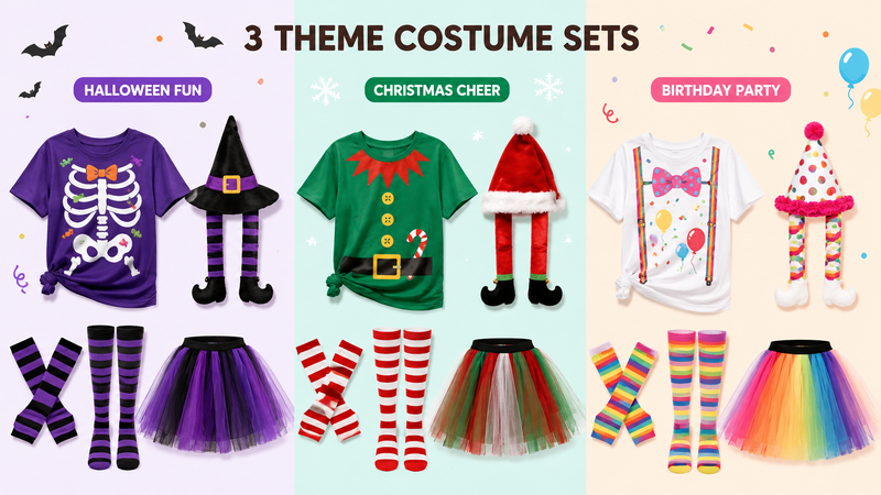 Three themed party costume sets featuring Halloween, Christmas, and birthday designs with printed T-shirts, themed headpieces, striped socks, leg warmers, and colorful tutu skirts for festive celebrations