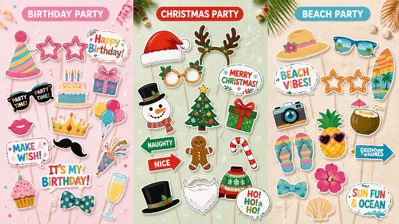 Custom Birthday Christmas Beach Party Photo Booth Props Set with Colorful Cardstock Cutouts and Wooden Sticks
