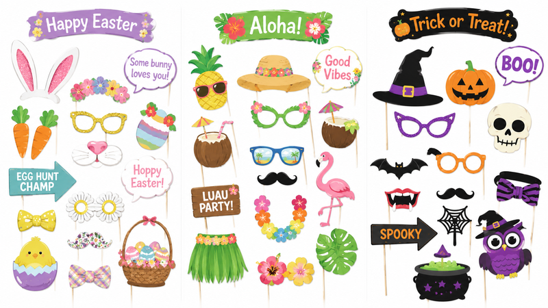 Custom Holiday Photo Booth Props Set Featuring Easter Tropical Luau and Halloween Party Theme Accessories