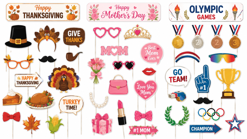Custom themed photo booth props set featuring Thanksgiving, Mother’s Day and sports celebration accessories with vibrant printing and die-cut party designs