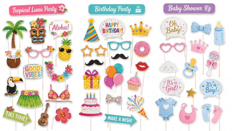 Custom Photo Booth Props Featuring Tropical Luau Birthday Party and Baby Shower Theme Accessories