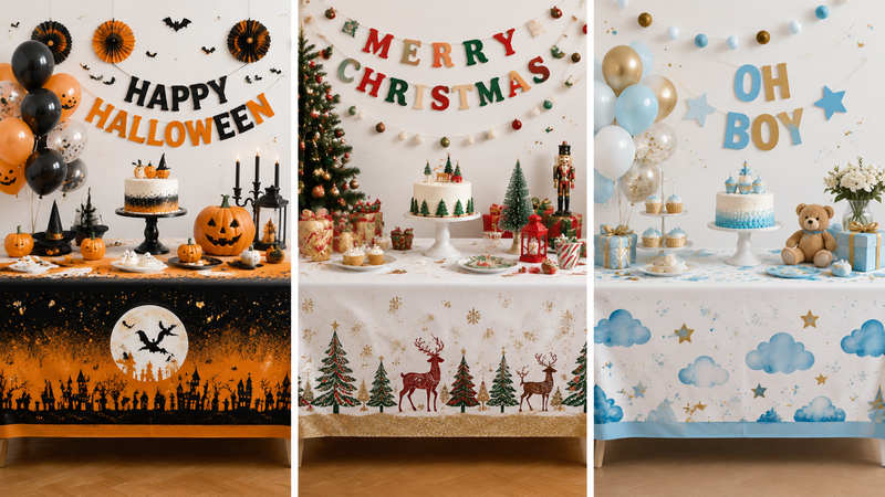Custom waterproof plastic party tablecloths with Halloween Christmas and baby shower designs