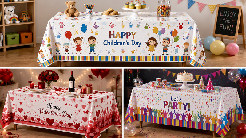 Custom waterproof plastic party tablecloths for children’s day Valentine’s and event celebrations