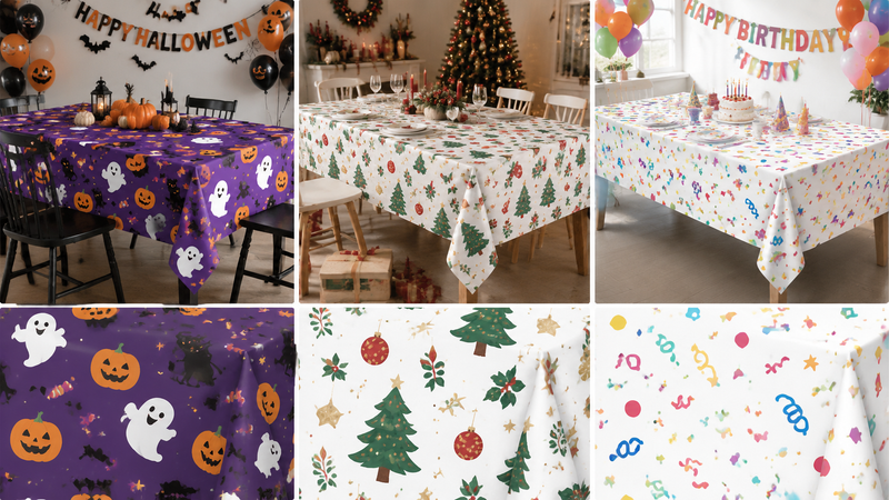 Custom printed waterproof tablecloths with holiday and party themed designs