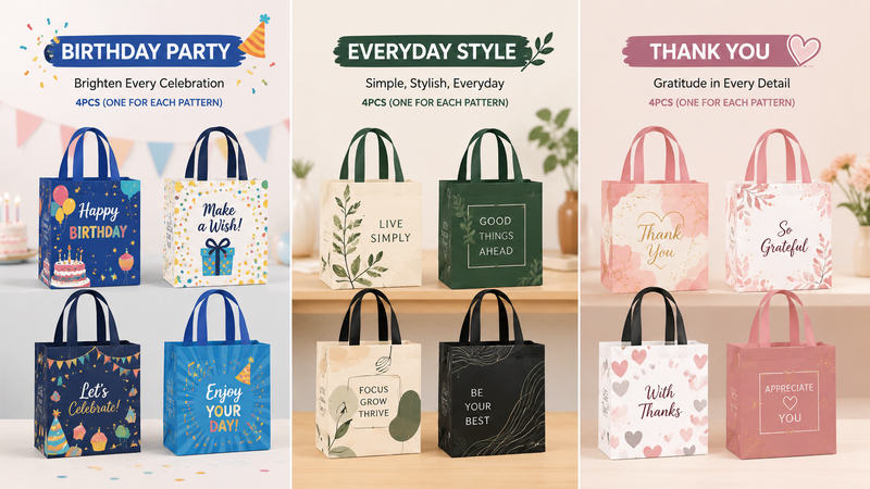 Custom reusable non-woven gift bag collection featuring Birthday Party, Everyday Style, and Thank You themes with multiple pattern designs and customizable branding options