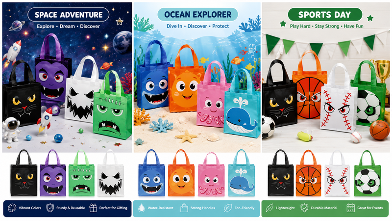 Custom themed reusable tote bags with vibrant colors, durable material, and eco-friendly design for events and wholesale.