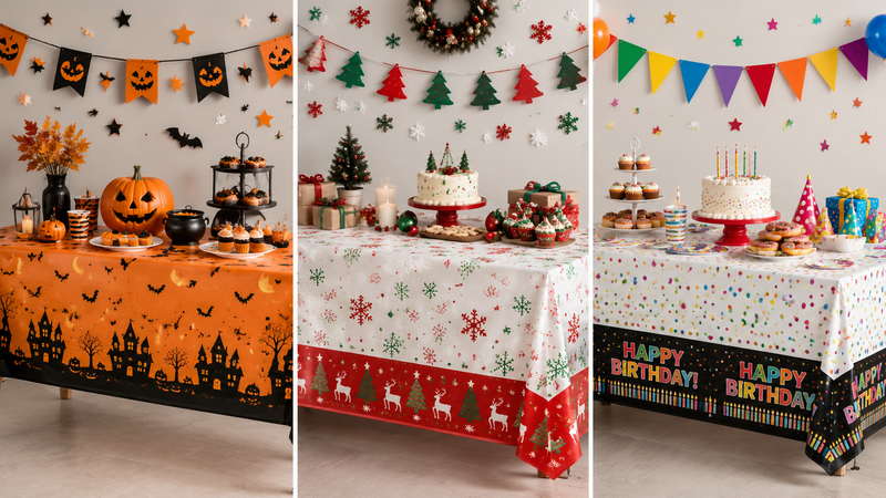 Custom waterproof party tablecloths with Halloween Christmas and birthday themed designs