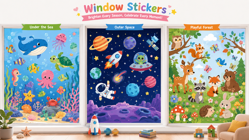 Custom themed window clings with ocean, space and forest designs for party decoration and wholesale retail supply