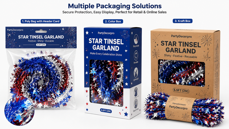 Star tinsel garland packaging options poly bag color box kraft box wholesale festive decoration B2B