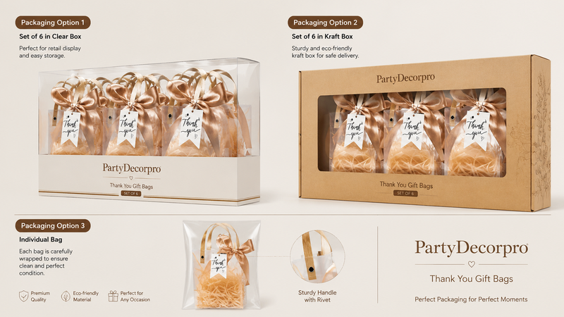 Elegant transparent gift bags with ribbon bow and thank you tag, customizable party packaging solution