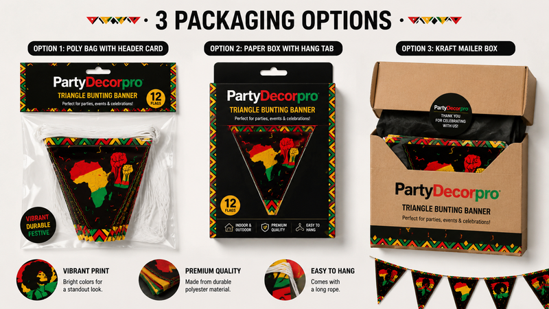 Triangle bunting banner packaging options including poly bag, paper box, and kraft mailer with customizable branding