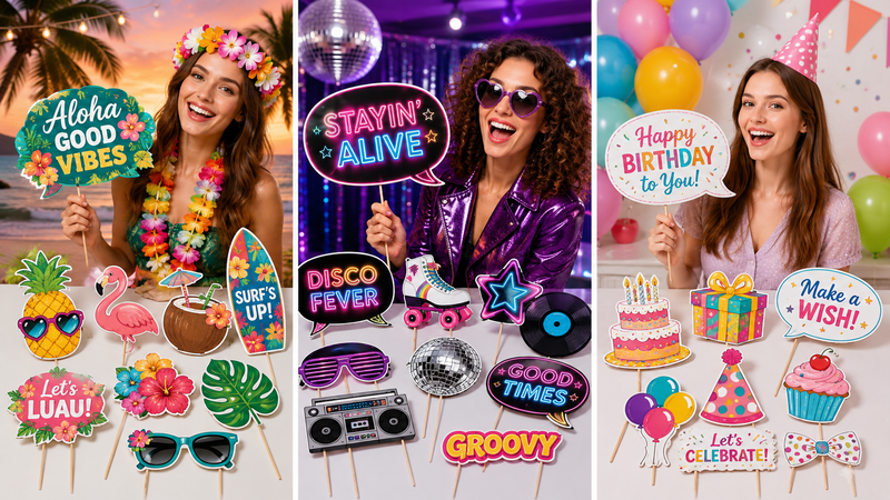 Custom Photo Booth Props Collection Featuring Tropical Luau Retro Disco and Birthday Party Themes with Printed Cardstock Signs and Wooden Sticks