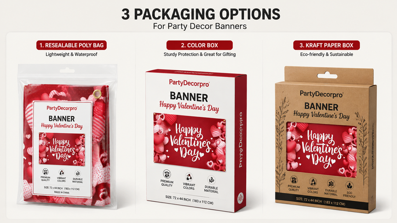 Three custom packaging options for Valentine's Day banners including clear poly bag, printed retail box, and kraft window box display.