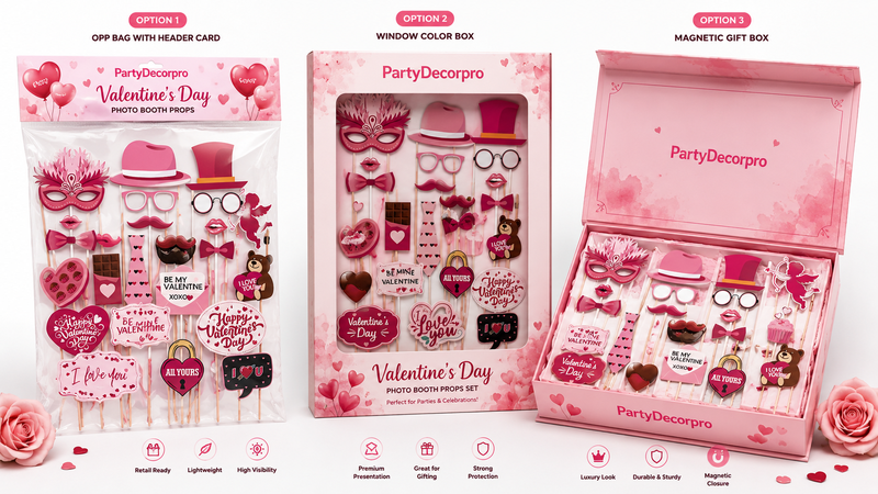 Valentine's Day Photo Booth Props Packaging Options with OPP Bag Window Box and Premium Gift Box
