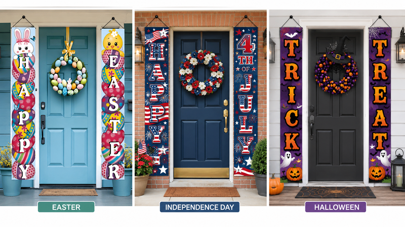 Three seasonal vertical door banner design concepts featuring Easter, Independence Day and Halloween themes displayed on front door decoration settings with festive wreaths and colorful graphics.