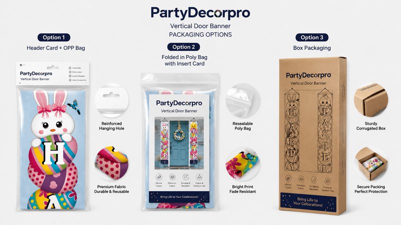 Three vertical door banner packaging options including OPP bag, folded poly bag with insert card, and cardboard box, shown in a clean studio layout for retail and shipping purposes.