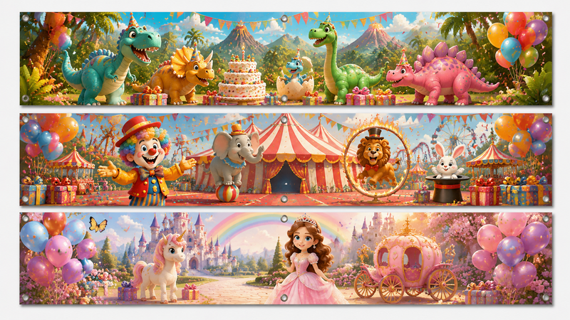 Three custom vinyl banner design concepts featuring dinosaur birthday party, circus clown carnival and princess fairytale themes with colorful backgrounds, HD printed graphics and festive event decoration ideas